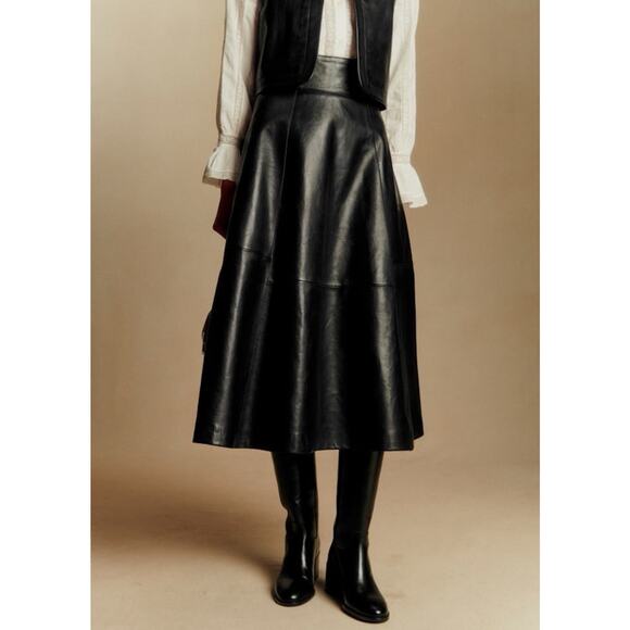 NWT Sezane Yasmine Black Leather Midi A Line Skirt sz 4 US high rise - Picture 2 of 12
